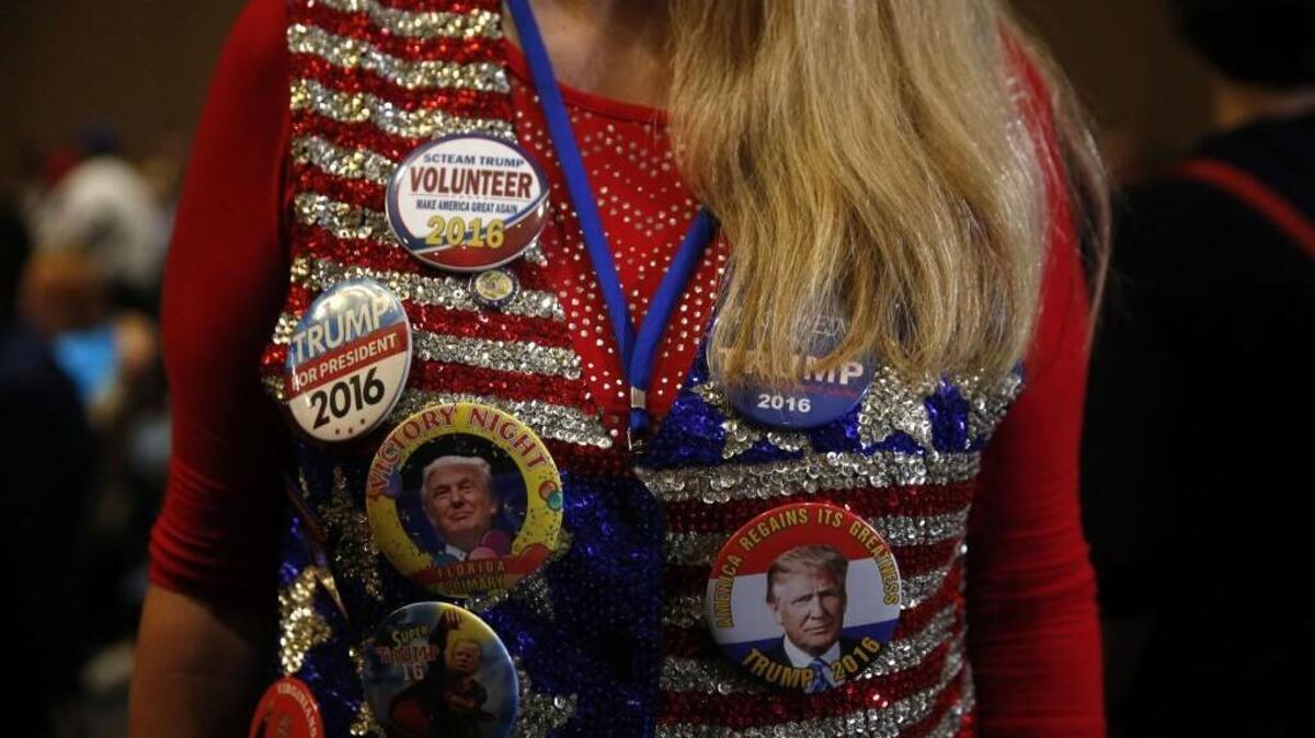 Dale Ranney of Myrtle Beach, a supporter of Republican presidential candidate Donald Trump, with her campaign buttons in Florida.