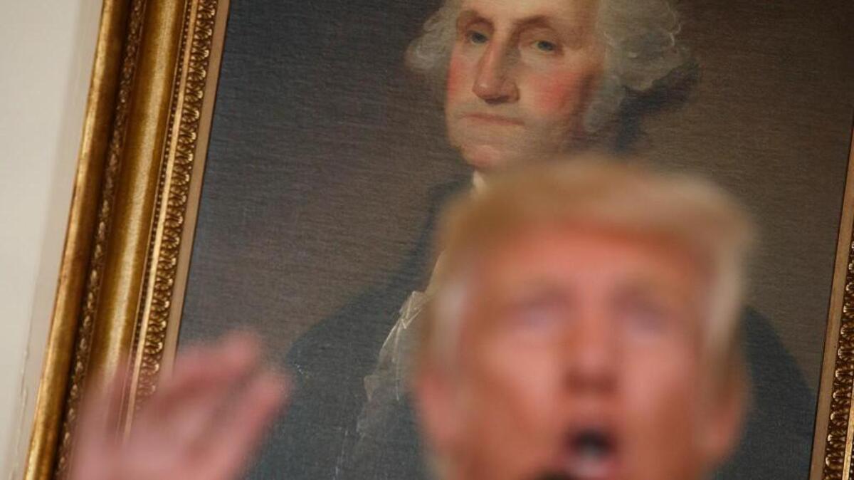 A portrait of George Washington hangs behind President Donald Trump as he speaks about the deadly white nationalist rally in Charlottesville, Va., Monday, Aug. 14, 2017, in the Diplomatic Room of the White House in Washington.