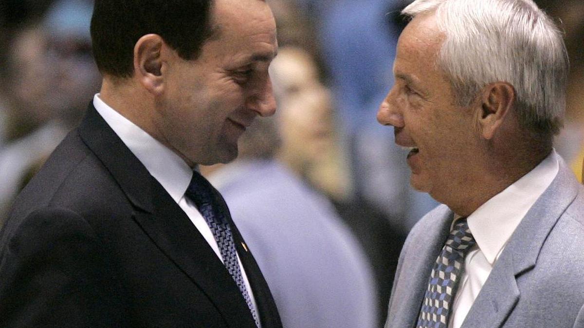 Duke coach Mike Krzyzewski, left, and UNC coach Roy Williams.