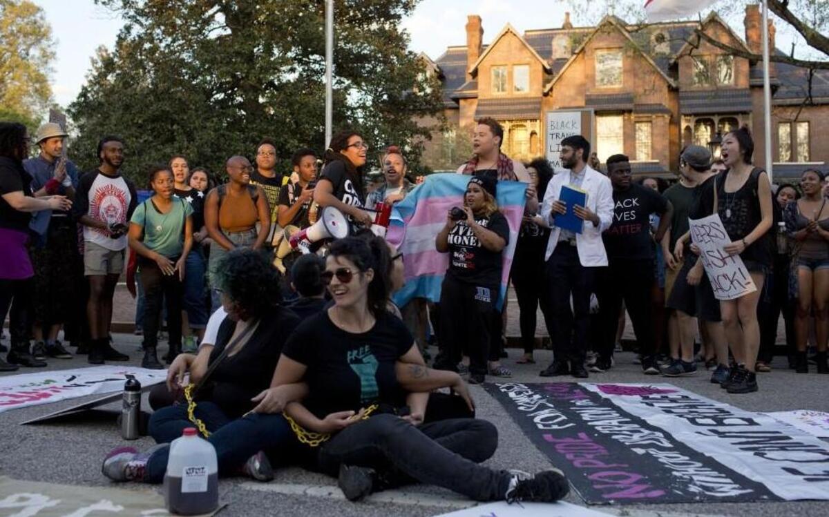 Protestors of House Bill 2 block Blount Street on Thursday outside of the Governor’s Mansion.