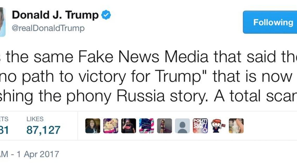 In this April 1, 2017, tweet, President Donald Trump talks about the news media and what he calls "fake news." The president was in Washington on day 72, but had no events on his schedule and was not photographed.