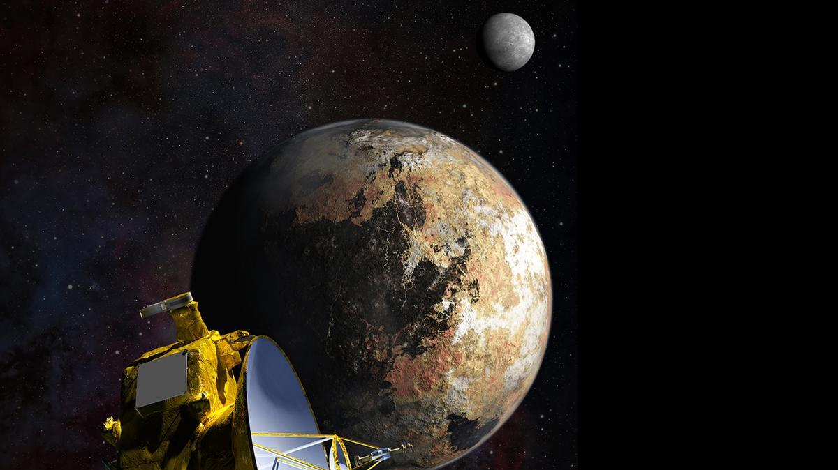 
An artist’s impression of NASA's New Horizons spacecraft as it passes Pluto and Pluto's largest moon, Charon.
