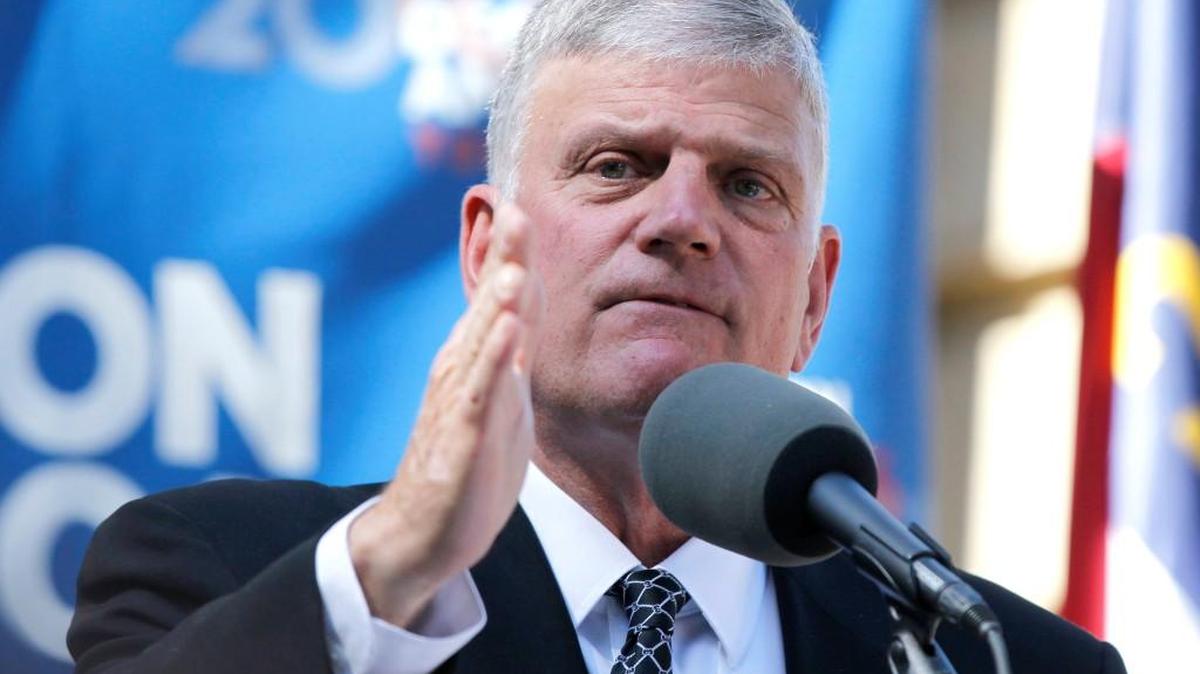 Franklin Graham speaks during the Decision America Tour 2016 with Franklin Graham outside the State Capitol building in downtown Raleigh.