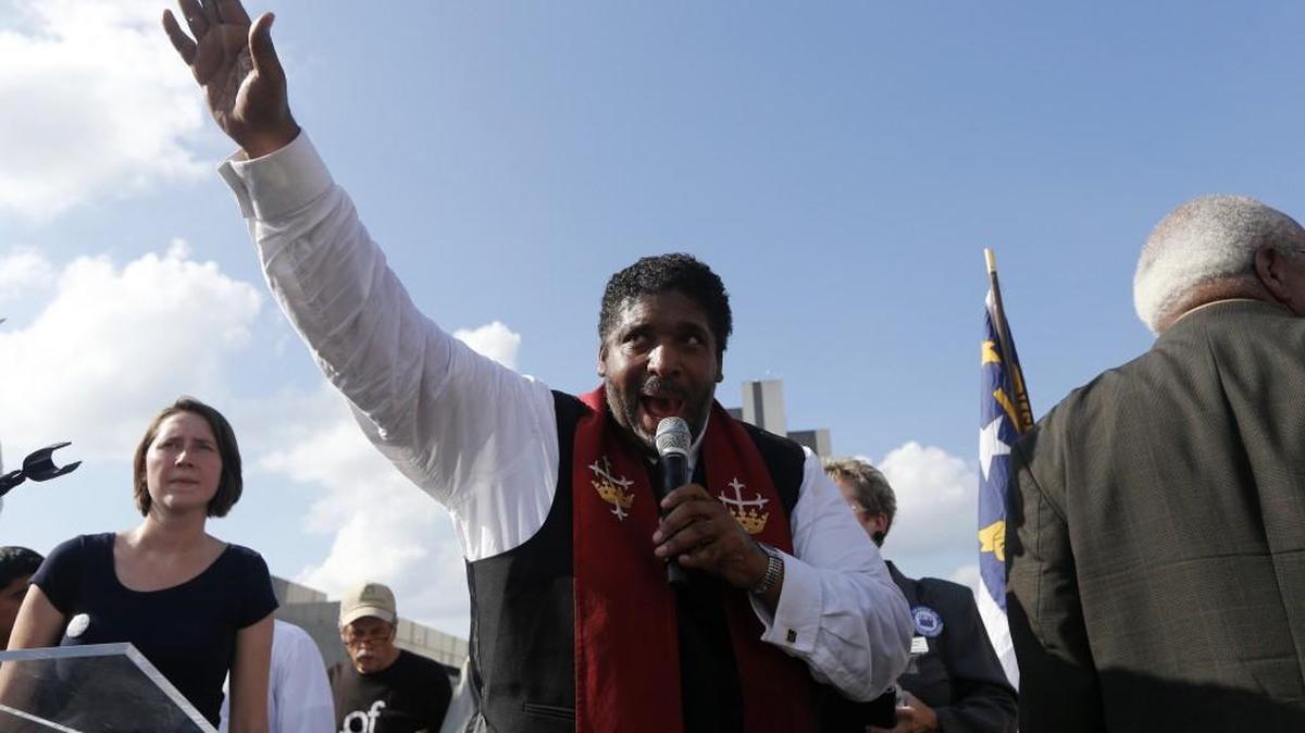The Rev. William Barber, NC NAACP president, speaks during Moral Monday protests on Halifax Mall in Raleigh.