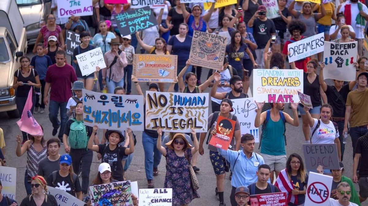 LOS ANGELES, CA - SEPTEMBER 10: Thousands of immigrants and supporters join the Defend DACA March to oppose the President Trump order to end DACA on September 10, 2017 in Los Angeles, California. Congress has the option to replace the policy with legislation before DACA expires on March 5, 2018.