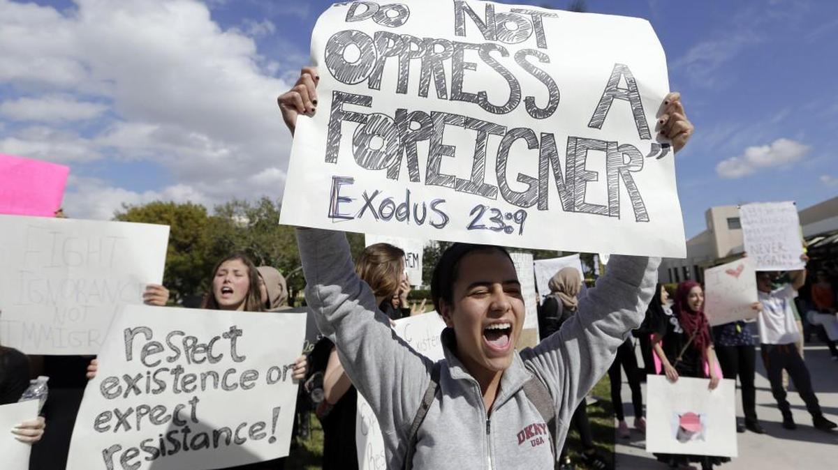 Clara Correa, 18, shouts slogans during a Feb. 1protest at Florida International University against President Donald Trump's executive order to ban travelers and immigrants from seven predominantly Muslim countries.