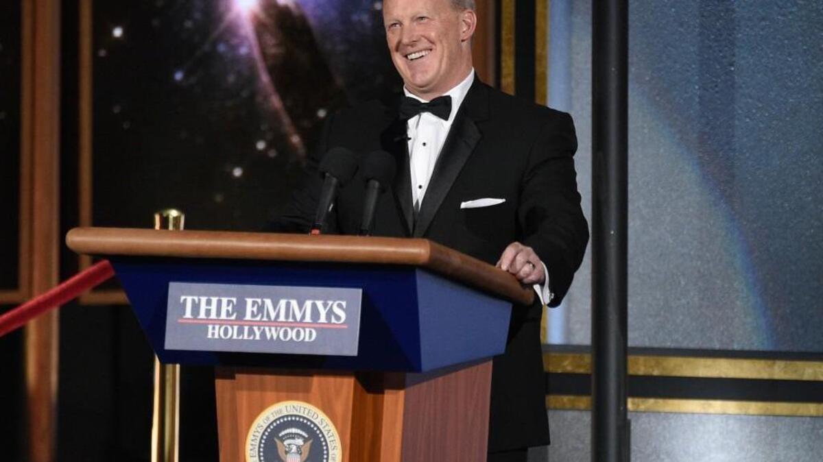 Sean Spicer speaks at the 69th Primetime Emmy Awards on Sunday, Sept. 17, 2017, at the Microsoft Theater in Los Angeles.