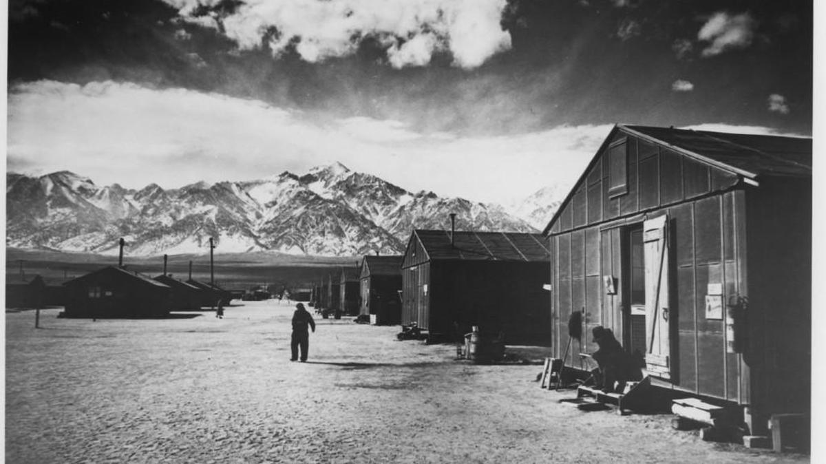 The Manzanar internment camp, 200 miles northeast of Los Angeles, held 10,000 people on less than one square mile, surrounded by barbed wire.