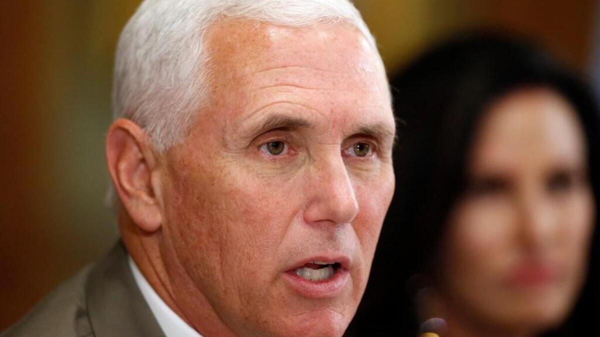 FILE - In this July 21, 2017, file photo, Vice President Mike Pence speaks to a group of grassroots organizations calling on the Senate to take action on health care legislation, during a meeting in the Eisenhower Executive Office Building on the White House complex in Washington.
