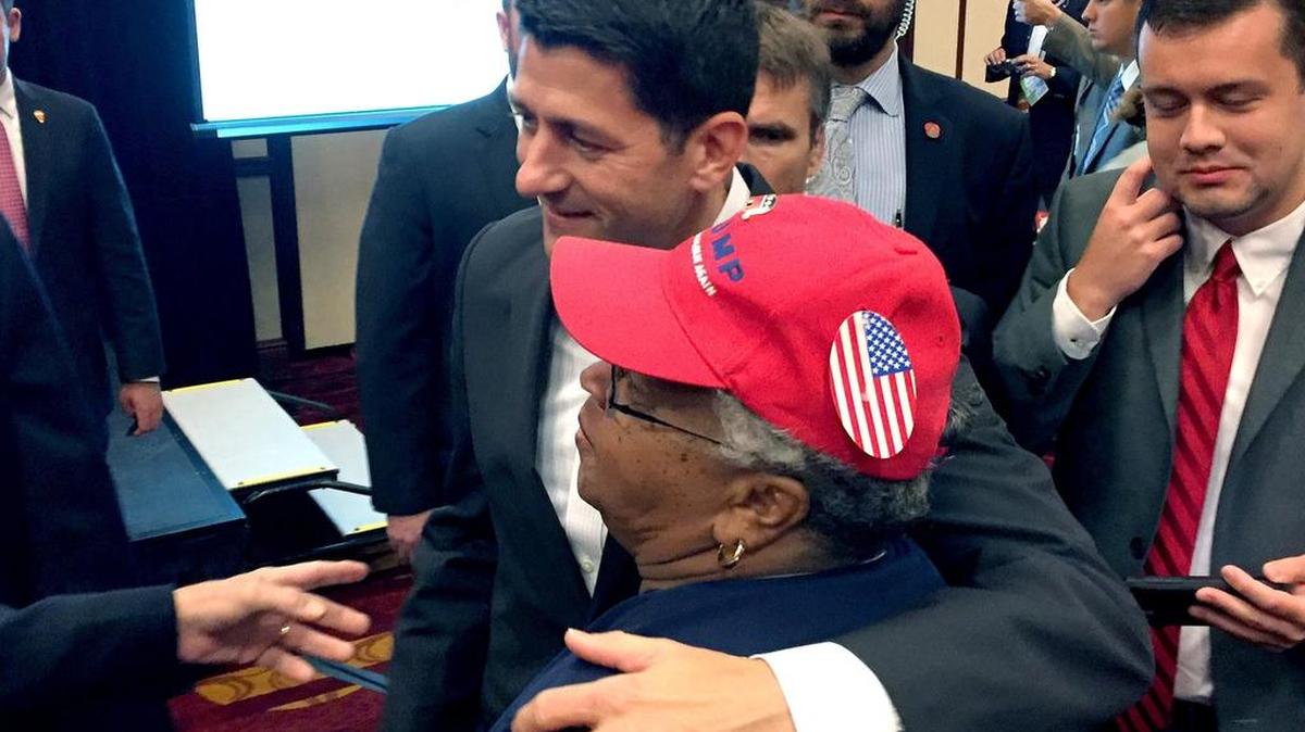 U.S. House Speaker Paul Ryan hugs Dr. Ada Fisher, a Republican delegate from Salisbury, after speaking to North Carolina delegates Tuesday.