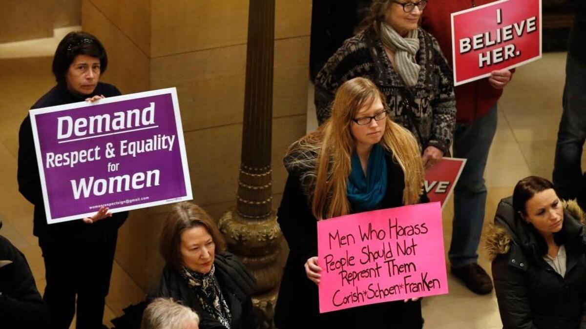 Women rally Friday, Nov. 17, 2017 at the State Capitol in St. Paul, Minn., in response to a tide of sexual harassment allegations, including two sitting Minnesota lawmakers accused of making unwanted sexual advances and U.S. Sen. Al Franken, D-Minn, who allegedly forcibly kissed a woman during a USO tour in 2006 and was photographed reaching out as if to grope her while she slept on a military aircraft.