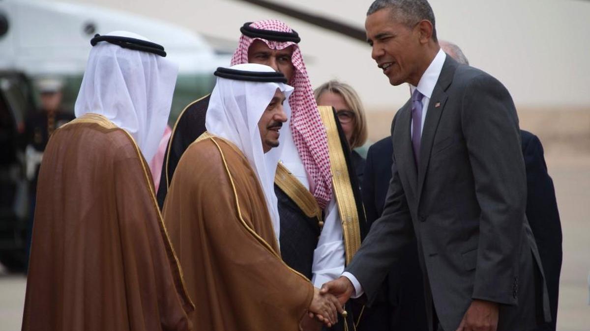 President Barack Obama shakes hands with Prince Faisal bin Bandar bin Abdelaziz al-Saud, Governor of Riyadh, as he arrives in the Saudi capital on April 20. During his two-day visit, the fourth of his eight years as president, Obama met with Saudi King Salman and attended a Gulf summit, where he discussed the fight against jihadist groups and efforts to end wars in Syria and Yemen.