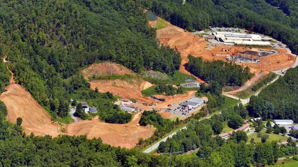 An aerial photo of the Cherokee hospital (upper right) and the new construction of the 140,000 square foot replacement facility that opened in 2016 in Cherokee, N.C.