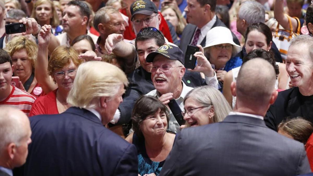 Republican presidential candidate Donald Trump greets the crowd after a campaign rally at the Greenville Convention Center in Greenville on Tuesday, Sept. 6, 2016.
