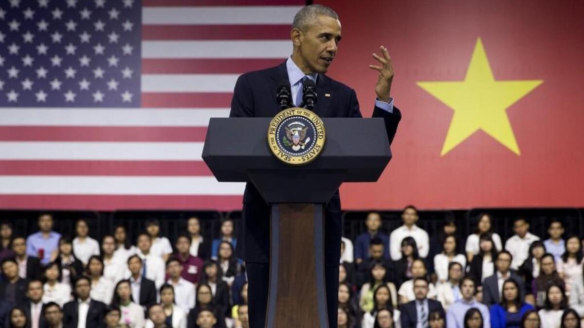 U.S. President Barack Obama speaks to Vietnamese young people during the Young Southeast Asian Leaders Initiative (YSEALI) town hall at the GEM Center in Ho Chi Minh City, Vietnam.