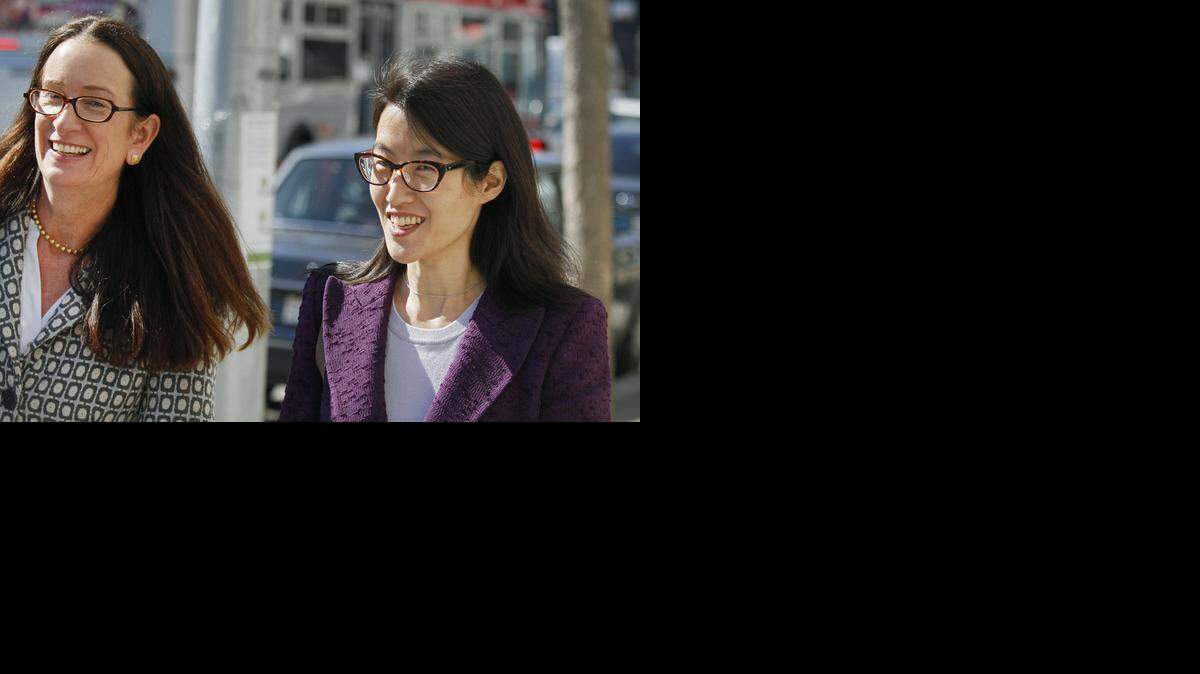 
Ellen Pao, right, leaves the Civic Center Courthouse along with her attorney, Therese Lawless, during a lunch break in her trial in San Francisco. Plaintiff Pao testified that female employees were treated disrespectfully at the firm of Kleiner Perkins Caufield & Byers, and some were not even invited, when the company held a series of events.
