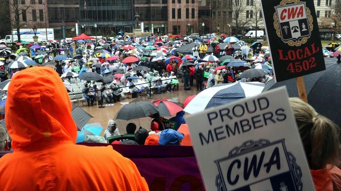 Crowds gather during a rally at the Ohio Statehouse in Columbus, Ohio, Saturday, Feb. 24, 2018. The Rally, called "A Working People's Day of Action" was organized by SEIU members to unite working people to speak out two days before the U.S. Supreme Court hears oral arguments in the Janus vs. AFSCME case.