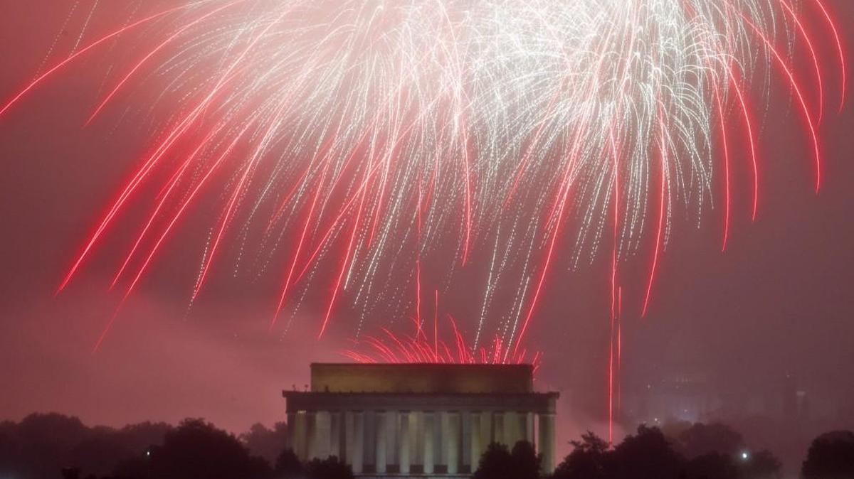 Fireworks explode over Lincoln Memorial, at the National Mall as seen from Arlington, Va. during this year’s Fourth of July celebration.