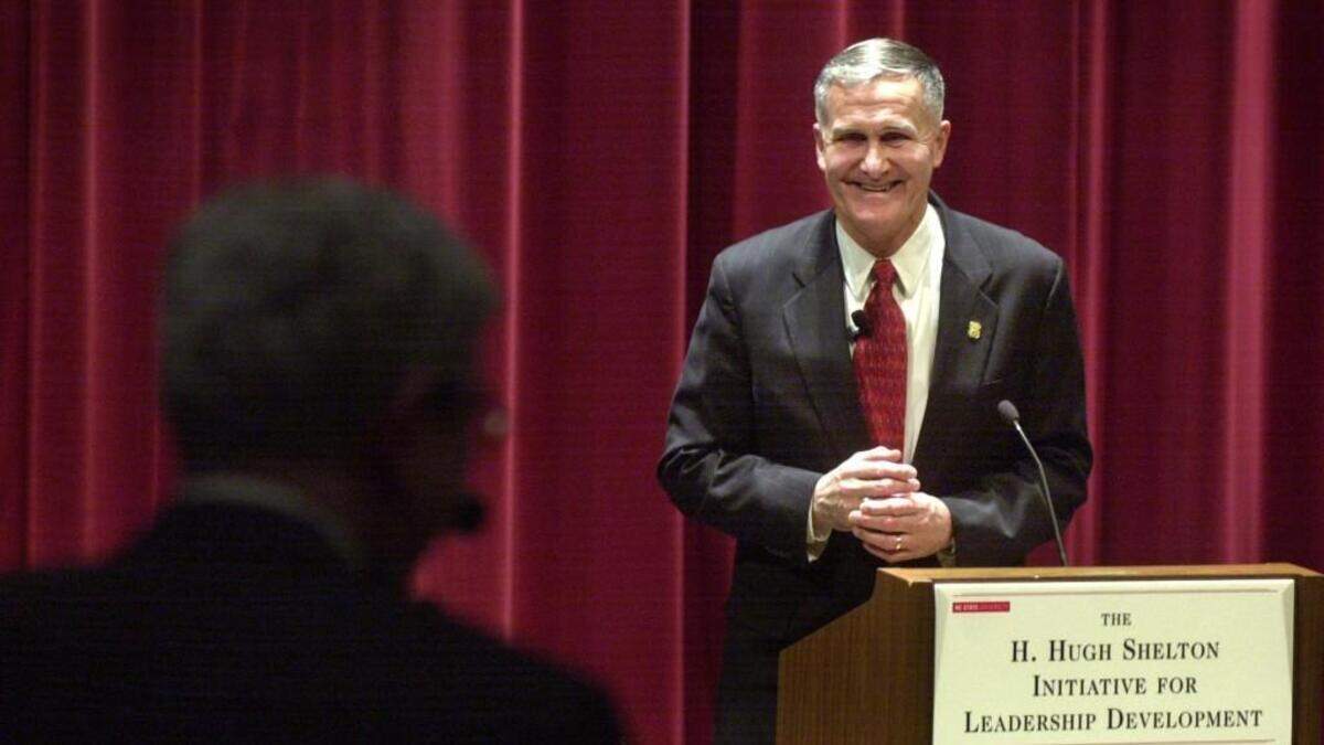 Former Chairman of the Joint Chiefs of Staff General H. Hugh Shelton responds to a question by an audience member during a leadership seminar in Tally Student Center Monday, January 14, 2002, at North Carolina State University in Raleigh.
