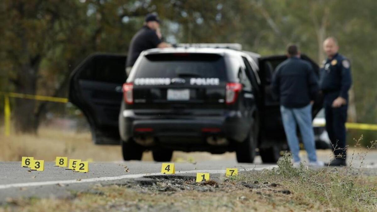 Yellow tags mark where bullet casings found at one of the scenes of a shooting spree at Rancho Tehama Reserve, near Corning, Calif., Tuesday, Nov. 14, 2017. Law enforcement says that five people, including the shooter were killed, and several people including some children were injured during the shooting spree that occurred at multiple locations.