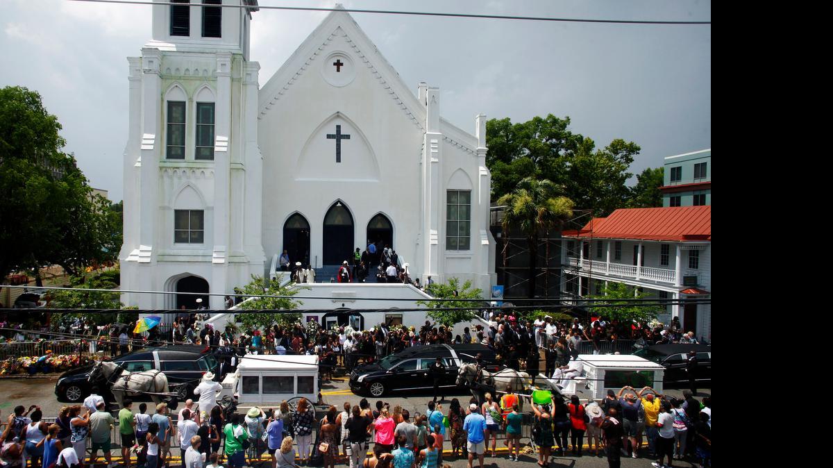 
A memorial service for Tywanza Sanders and Susie Jackson, two among the nine shot dead, at the Emanuel A.M.E. Church in Charleston.
