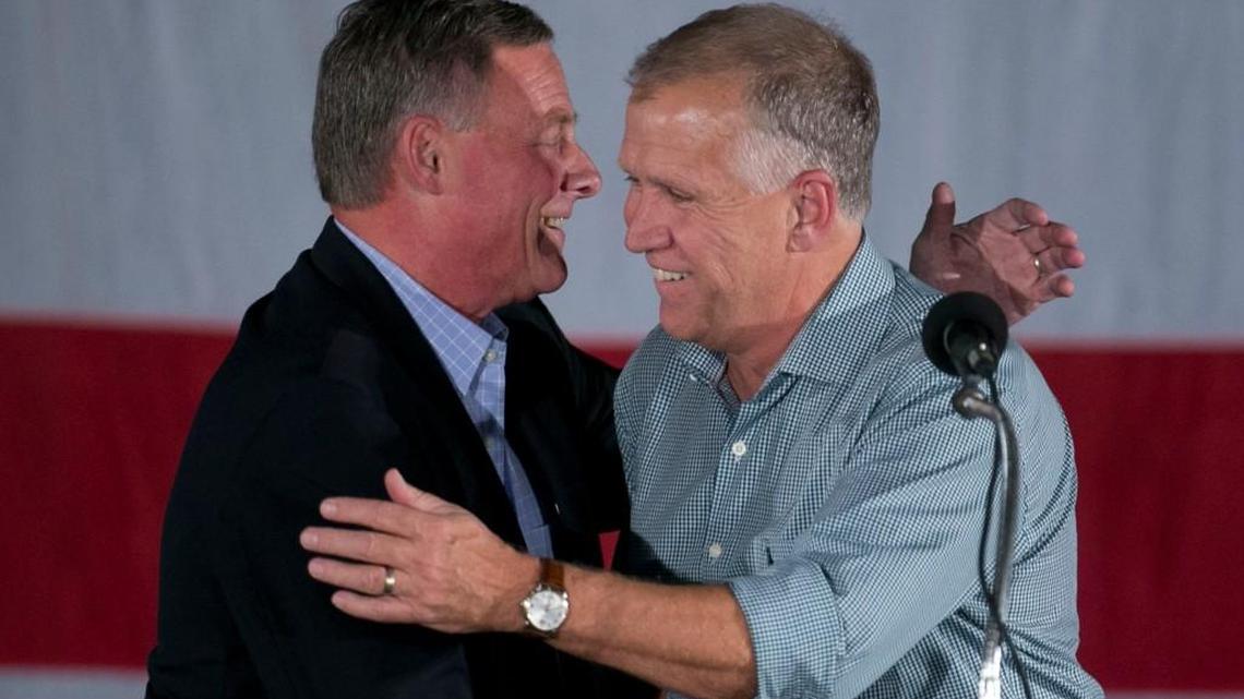 U.S. Senator Thom Tillis introduces U.S. Senator Richard Burr during a Republican rally at the Central Marketing Warehouse on Friday, October 28, 2016 in Smithfield, N.C.
