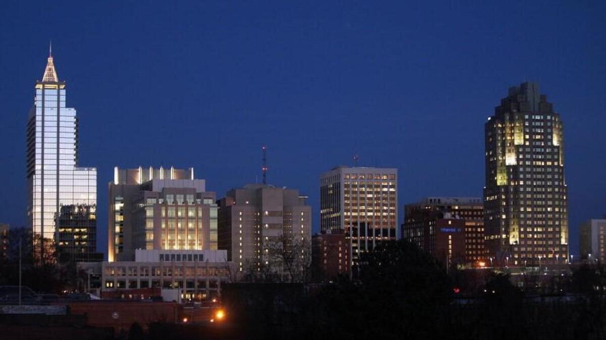 
The skyline of downtown Raleigh, including the new Wake County Justice Center, from the bridge over railroad tracks on Boylan Avenue.
