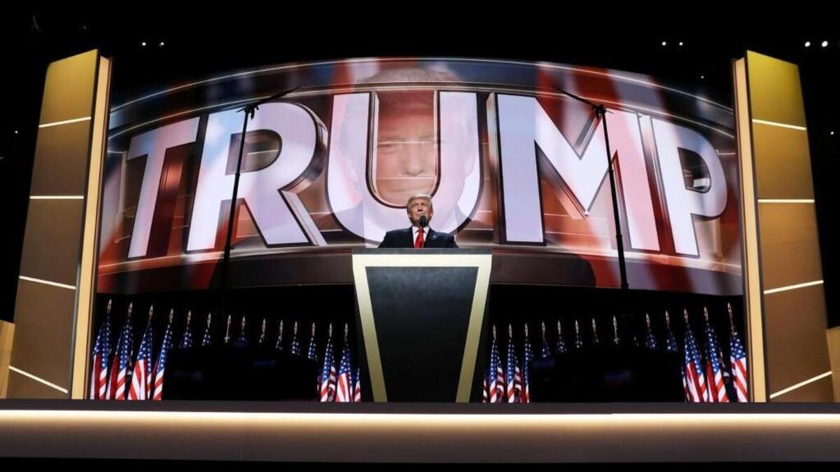 Republican presidential candidate Donald Trump delivers a speech during the evening session on the fourth day of the Republican National Convention in Cleveland, Ohio.