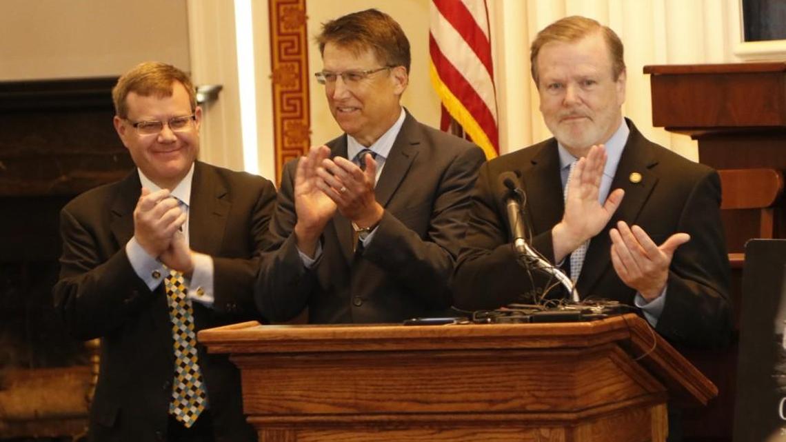 From left, N.C. House Speaker Tim Moore, N.C. Gov. Pat McCrory and N.C. Senate President Pro Tempore Phil Berger