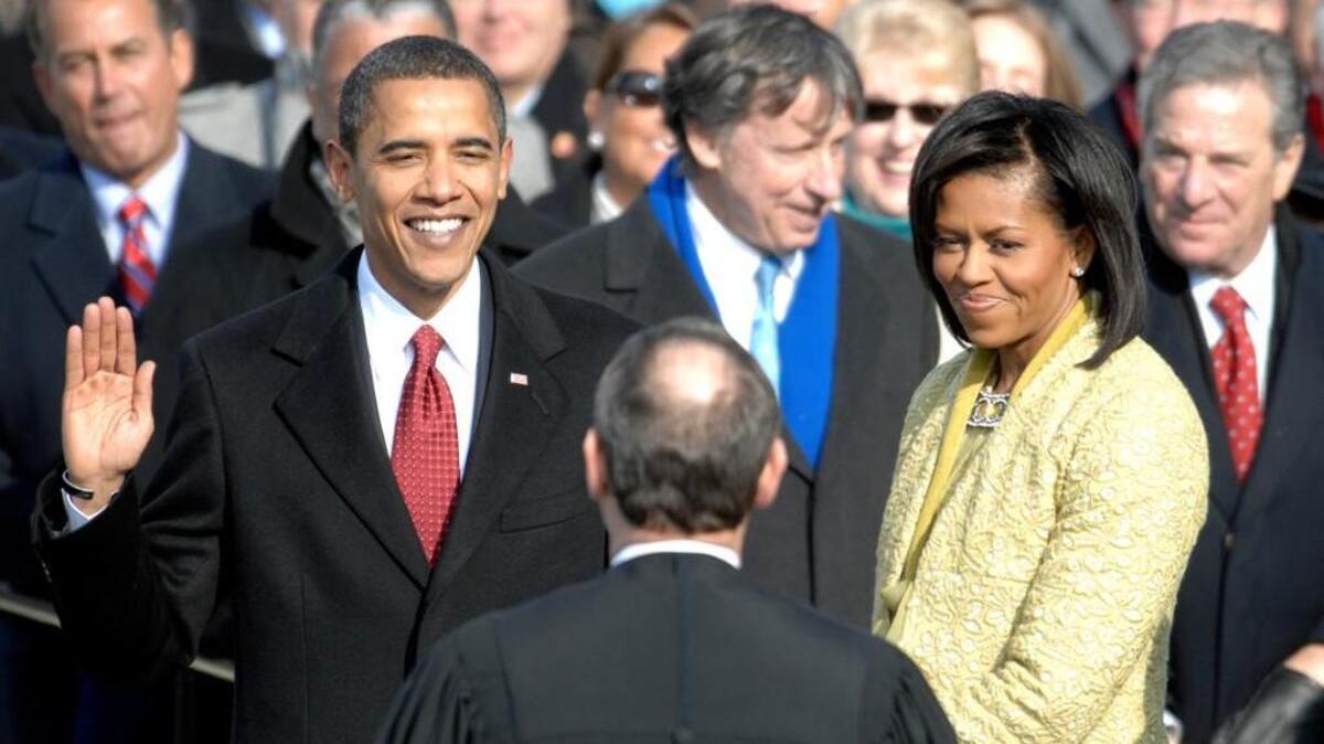 With his family by his side, Barack Obama is sworn in as the 44th president of the United States by Chief Justice of the United States John G. Roberts Jr. in Washington, D.C., Jan. 20, 2009.