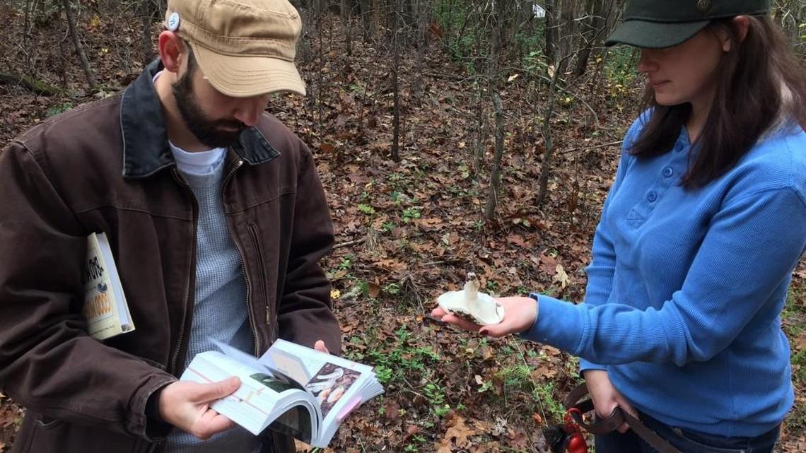 Charlotte chef Clark Barlowe and Gracelyn Cruden compare a mushroom they found in the woods to his reference books, looking for a way to identify it.