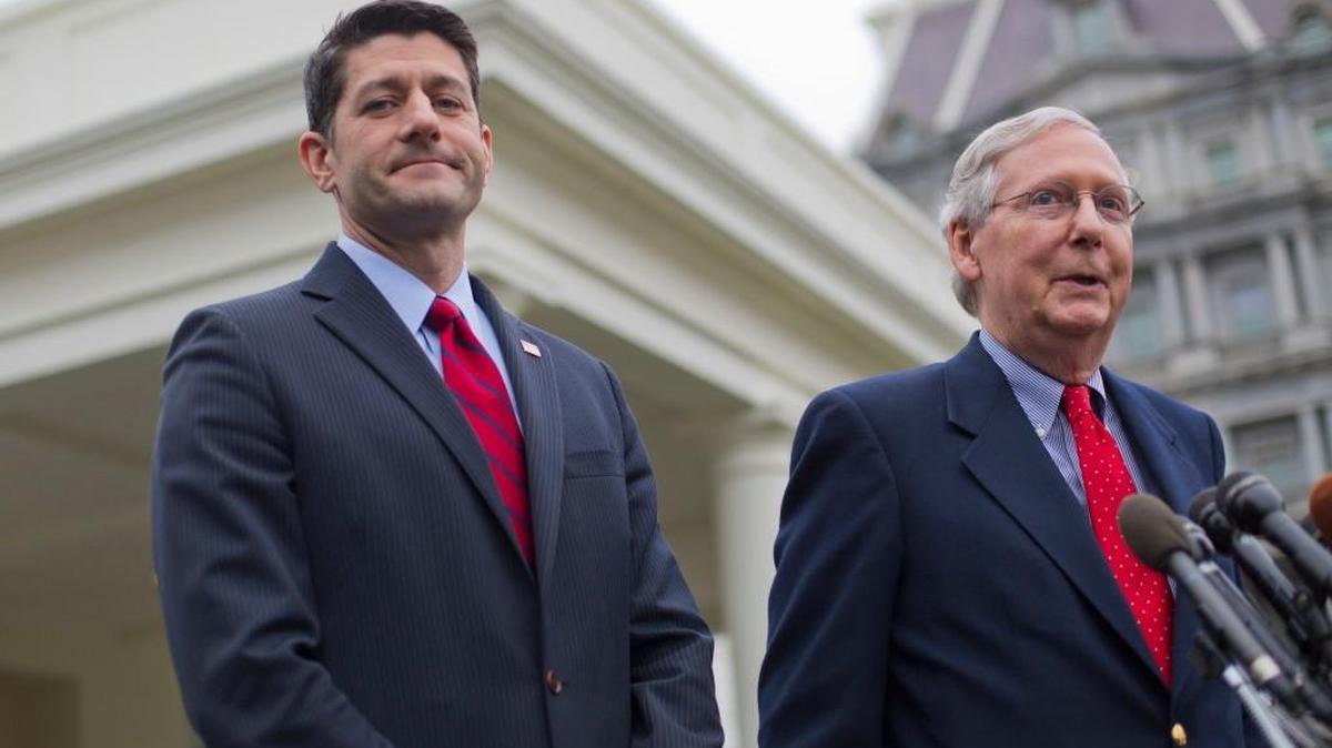 In this Feb. 27, 2017, file photo, House Speaker Paul Ryan of Wis. listens at left as Senate Majority Leader Mitch McConnell of Ky. speaks to reporters outside the White House in Washington, after meeting with President Donald Trump.