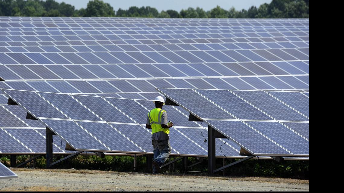 A worker walks among a set of solar panels at a  solar farm near Biscoe.
