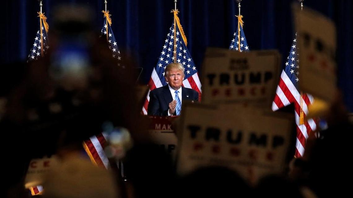 Then-Republican presidential candidate Donald Trump delivers an immigration policy speech during a campaign rally at the Phoenix Convention Center Aug. 2016.