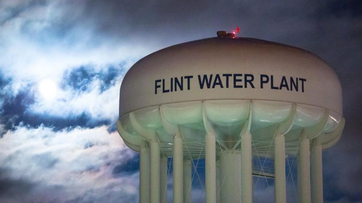 The City of Flint Water Plant is illuminated by moonlight. A federal state of emergency has been declared in Flint due to dangerous levels of contamination in the water supply.