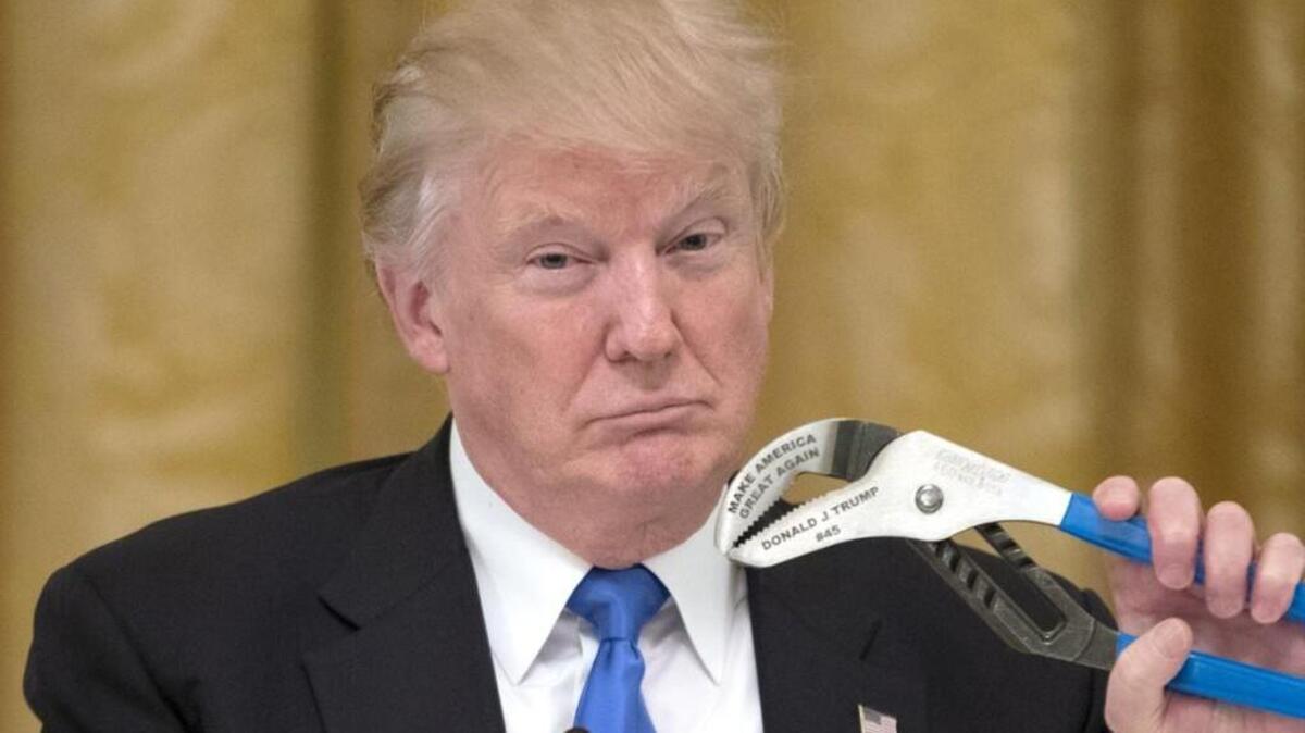 WASHINGTON, DC - JULY 19: U.S. President Donald Trump holds a Channellock tool engraved with his name and "Make America Great Again" during a meeting with US company representatives and featuring products made in the United States, in the East Room of the White House on July 19, 2017 in Washington, DC. President Trump has signed a presidential proclamation making this week 'Made in America' week.