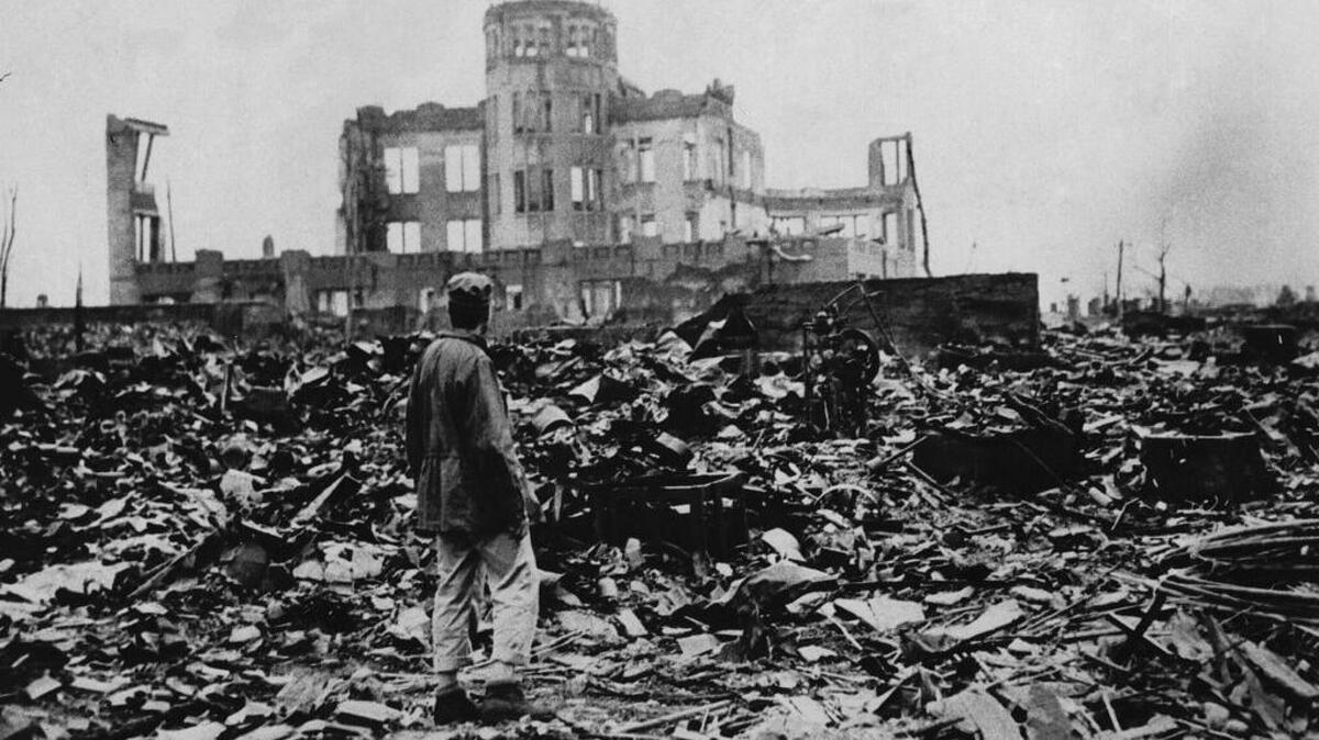 The rubble of a theater in Hiroshima, Japan, in 1945