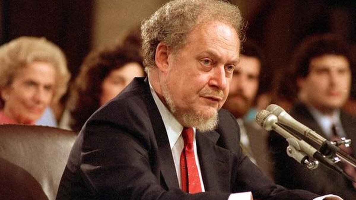 President Reagan’s failed Supreme Court nominee Robert Bork testifying during a Senate confirmation hearing in 1987.