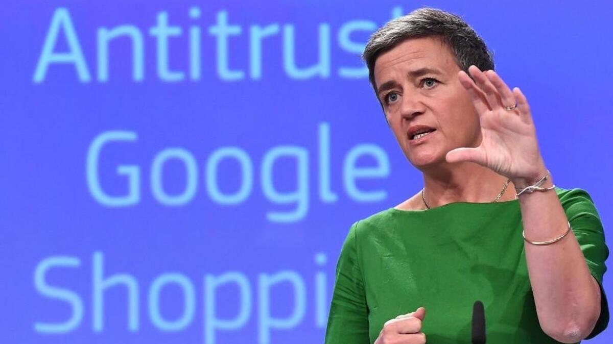European Commissioner for Competition Margrethe Vestager gives a press conference on an antitrust case against US search engine Google the European Commission in Brussels, on June 27, . The European Commission fined Google 2.42 billion Euros for abusing dominance as search engine by giving illegal advantage to own comparison shopping service.