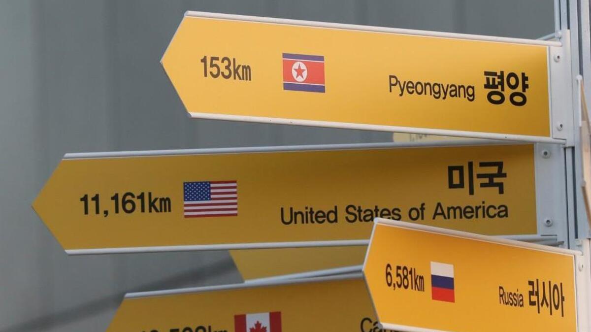 A destination sign to North Korea's capital Pyongyang, top,. North Korean leader Kim Jong Un reopened a key cross-border communication channel with South Korea for the first time in nearly two years on Wednesday.