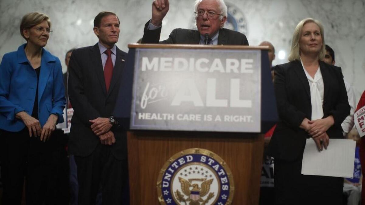 WASHINGTON, DC - SEPTEMBER 13: U.S. Sen. Bernie Sanders (I-VT) (3rd L) speaks on health care as (L-R) Sen. Elizabeth Warren (D-MA), Sen. Richard Blumenthal (D-CT) and Sen. Kirsten Gillibrand (D-NY) listen during an event September 13, 2017 on Capitol Hill in Washington, DC. Sen. Sanders held an event to introduce the Medicare for All Act of 2017.