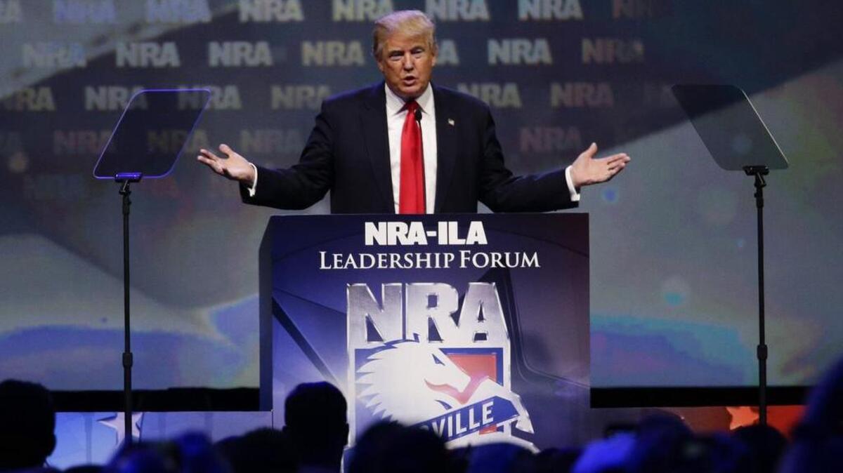 Republican presidential candidate Donald Trump speaks at the NRA Leadership Forum on May 20 in Louisville, Ky.
