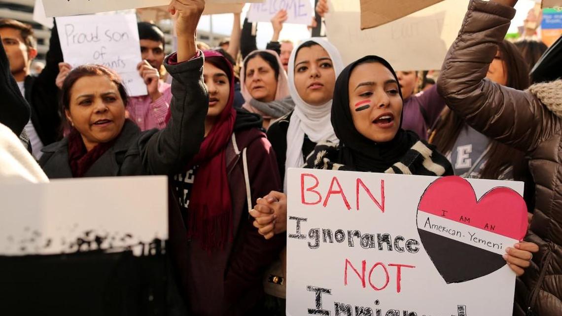 Protesters gather outside of Raleigh-Durham International Airport on Sunday, Jan. 29, 2017. The protest came in reaction to President Donald Trump's executive order barring immigrants, refugees and legal U.S. citizens from seven predominantly Muslim countries from returning to the U.S.
