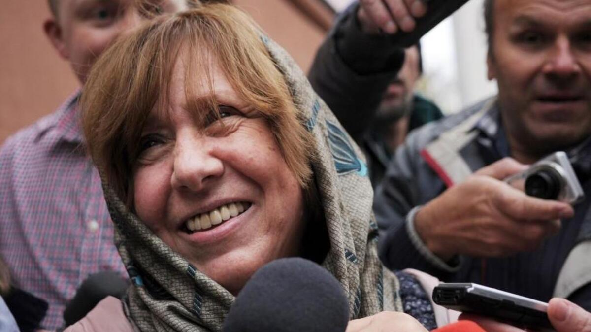 
Belarus writer and journalist Svetlana Alexievich arrives to give a news conference in Minsk after the announcement of her Nobel Literature Prize earlier in the day. 
