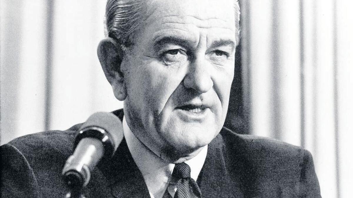 U.S. President Lyndon B. Johnson addresses the nation in a radio and television broadcast from his desk at the White House in Washington, D.C., on March 31, 1968.