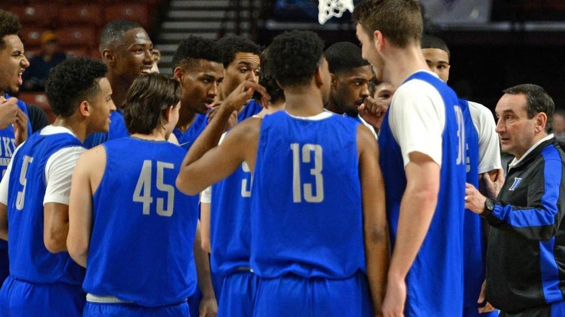Duke head coach Mike Krzyzewski speaks with the team as they ready to leave the court after practicing for their opening round game in the NCAA tournament Thursday, March 16, 2017, at the Bon Secours Wellness Arena in Greenville, S.C.
