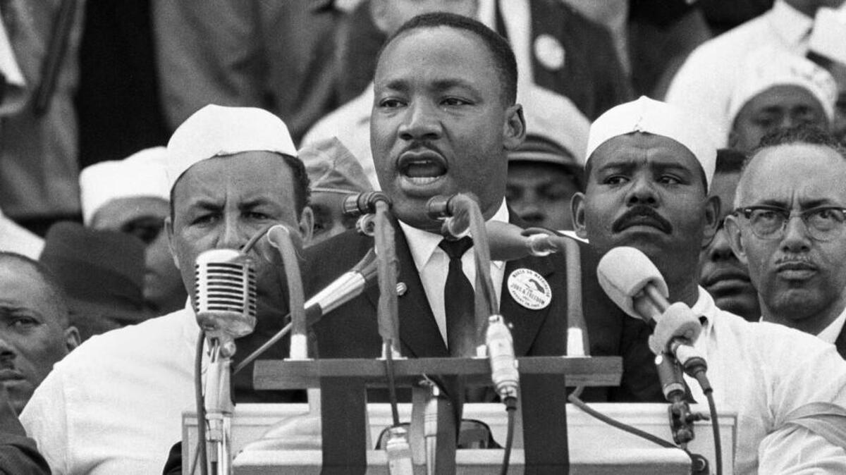 In this Aug. 28, 1963 file photo, Dr. Martin Luther King Jr., head of the Southern Christian Leadership Conference, addresses marchers during his “I Have a Dream” speech at the Lincoln Memorial in Washington.