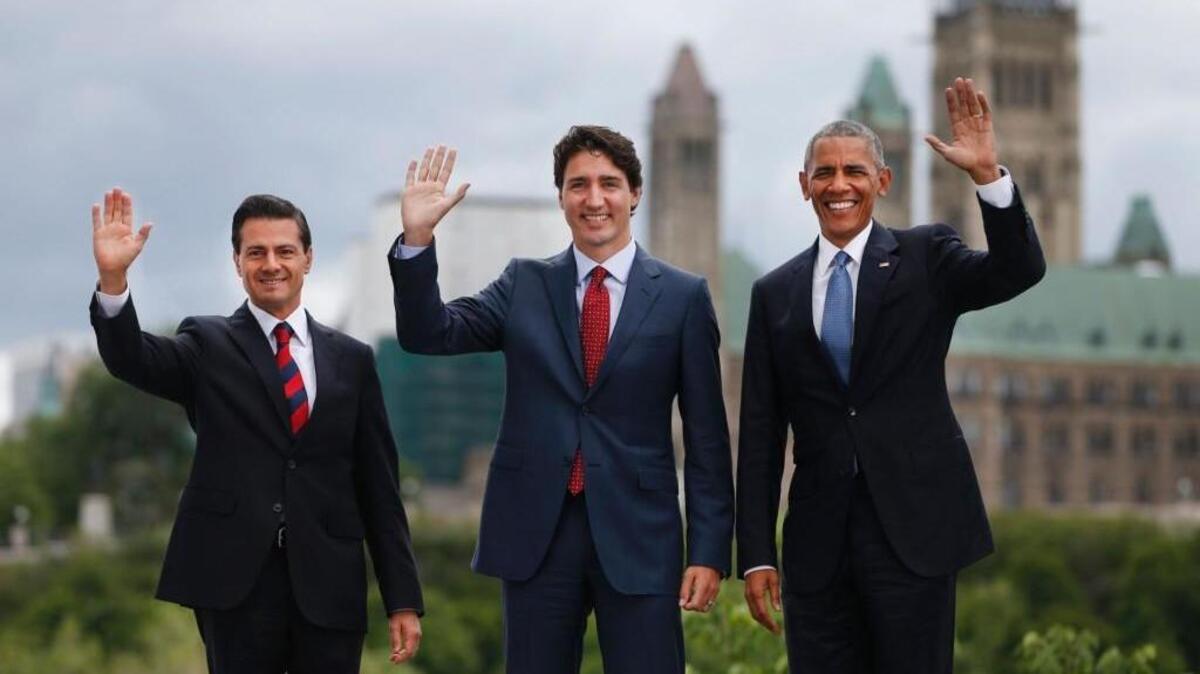 Mexican President Enrique Pena Nieto, left, Canadian Prime Minister Justin Trudeau and President Barack Obama during the North American Leaders Summit