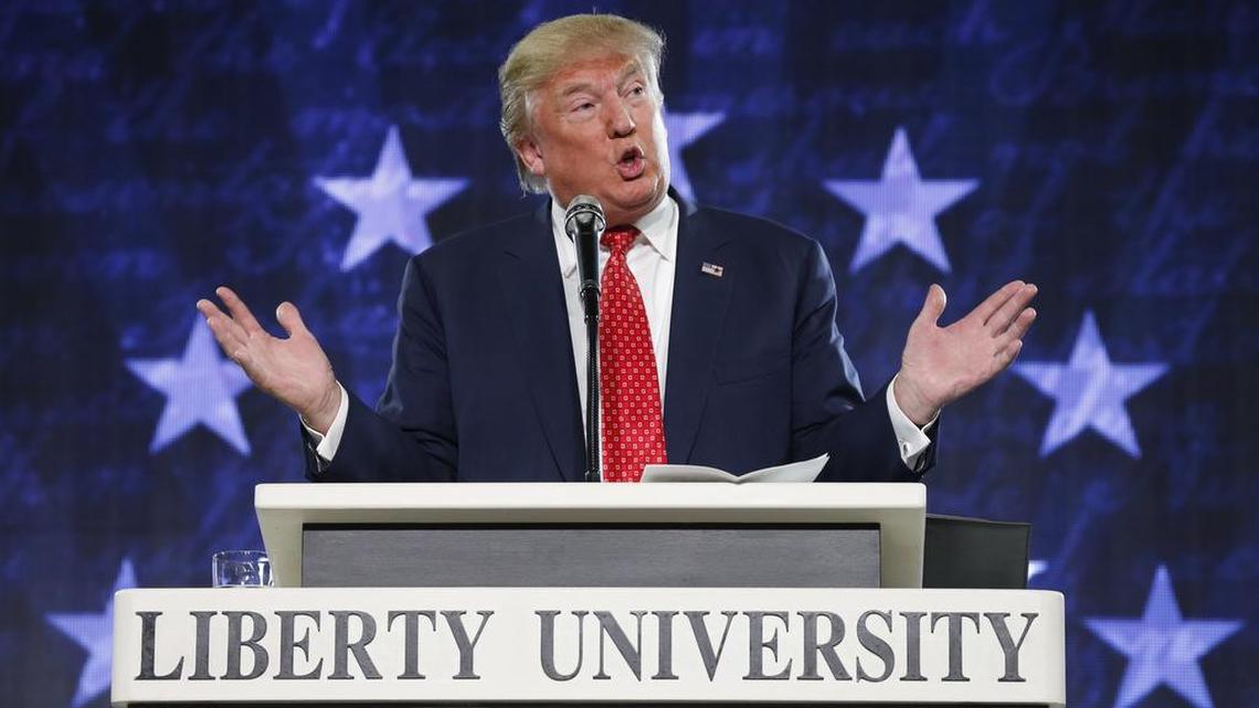Donald Trump gestures during a Jan. 18 speech at Liberty University in Lynchburg, Va. Moving on a campaign promise, President Donald Trump says he will work for the repeal of the Johnson Amendment to free religious organizations from constraints on political activity.