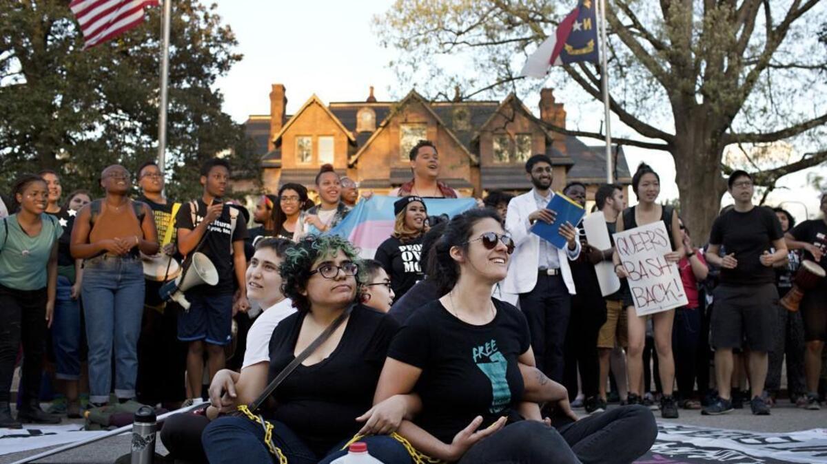Salma Mirza, center left, was arrested during a protest against House Bill 2 outside the Governors Mansion in Raleigh in March.